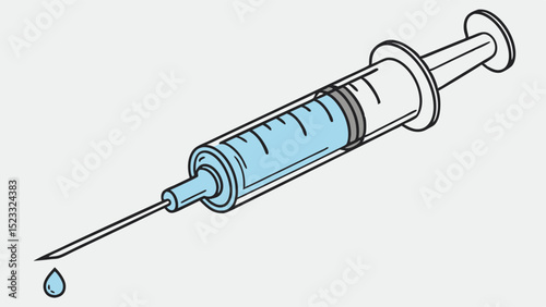 Medical Syringe with Needle and Droplet of Liquid