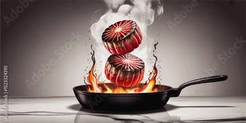 Juicy Beef Steaks Sizzling in Hot Frying Pan with Flames and Smoke, Realistic Digital Art for Culinary and Restaurant Themes