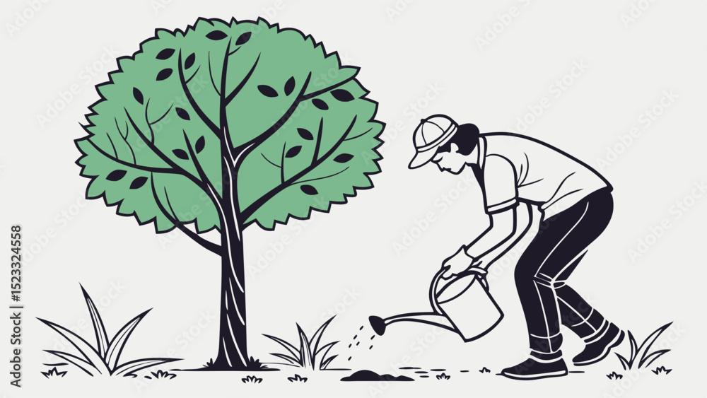 Person Watering a Young Sapling Tree Person Watering a Young Sapling Tree