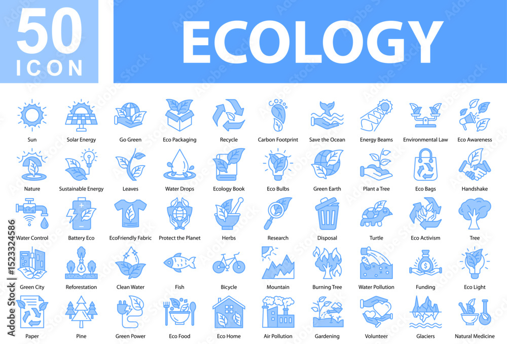 Obraz premium Ecology Collection of Icons with Blue Color, Containing: Sun,Solar Energy,Go Green,Eco Packaging,Recycle,Carbon Footprint,Save the Ocean,Energy Beams,Environmental Law,Eco Awareness,Nature,Sustainable