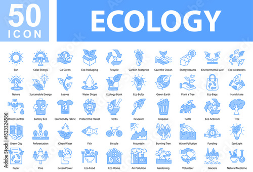 Ecology Collection of Icons with Blue Color, Containing: Sun,Solar Energy,Go Green,Eco Packaging,Recycle,Carbon Footprint,Save the Ocean,Energy Beams,Environmental Law,Eco Awareness,Nature,Sustainable