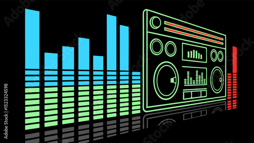 Retro Boombox and Audio Visualizers on Black Background