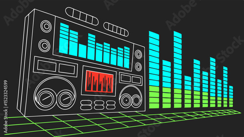 Retro Boombox with Graphic Equalizer and Sound Waves