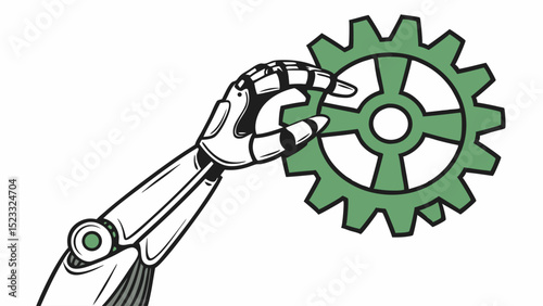 Robotic Arm Holding Green Gear Representing Technology and Engineering