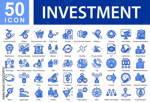 InvestmentCollection of Icons with Blue Color, Containing: Growth Investing,Inflation,Consumer Price Index,Index Fund,Portfolio,Gross Domestic Product,Deflation,Platinum,Stock Market,Fundamental 