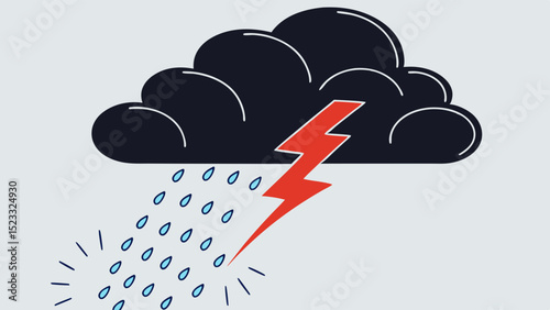 Stylized Illustration of a Storm Cloud with Lightning and Rain