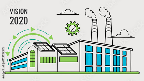 Sustainable Factory with Solar Panels and Emission Reduction