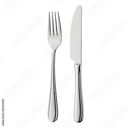 Silver fork and knife on a white surface with a transparent background  