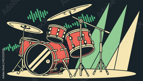 Vintage Style Drum Kit Illustration with Cymbals