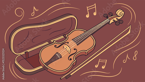 Violin with Bow Resting in Open Case Musical Notes