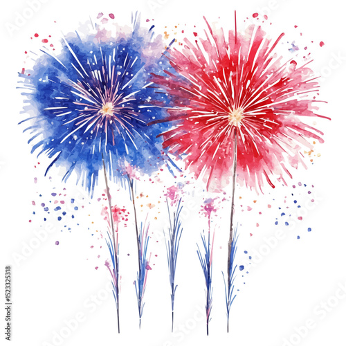 Spring City Fireworks Display, watercolor illustration vector, high quality, isolated on a white background.
