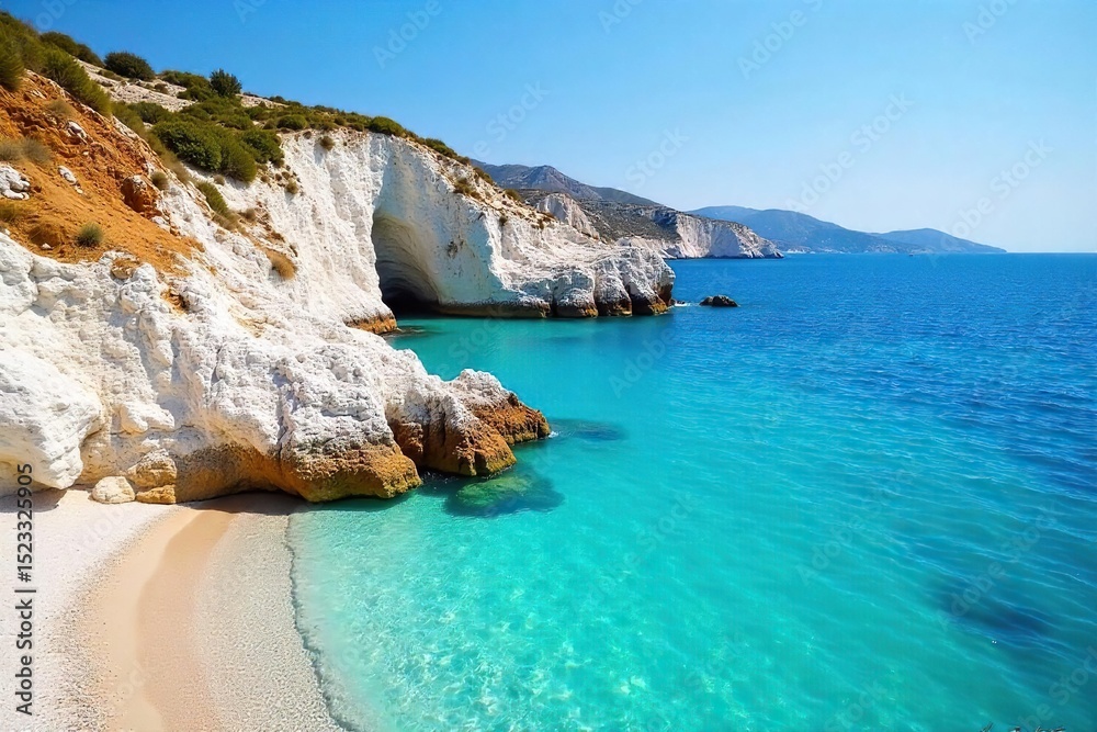 Fototapeta premium Sun-drenched Aegean Sea, crystal-clear turquoise waters lapping gently against whitewashed rocks Ideal for travel, vacation, summer, and Mediterranean themes , holiday, serenity