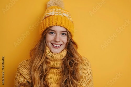 Young Beautiful Fairhaired Woman in Knited Hat and Sweater Smiling on Grey photo
