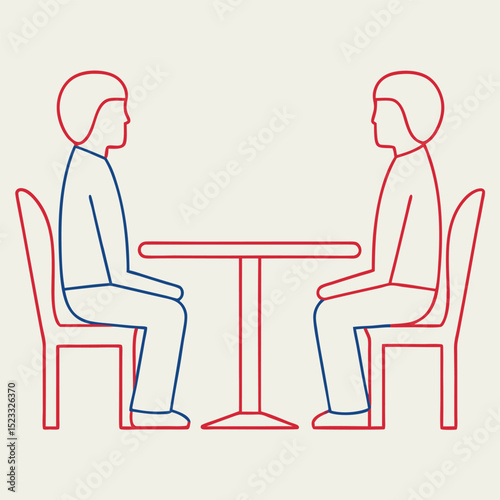 Minimalist illustration of two people seated at a table in a conversational setup