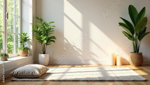 Serene living room bathed in natural light, minimalist decor, meditation cushion, candles, plants creating a peaceful atmosphere ideal for mindful practice at home , comfortable, space, sunlight