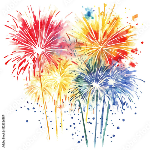 Spring City Fireworks Display, watercolor vector, high quality, isolated on a white background.