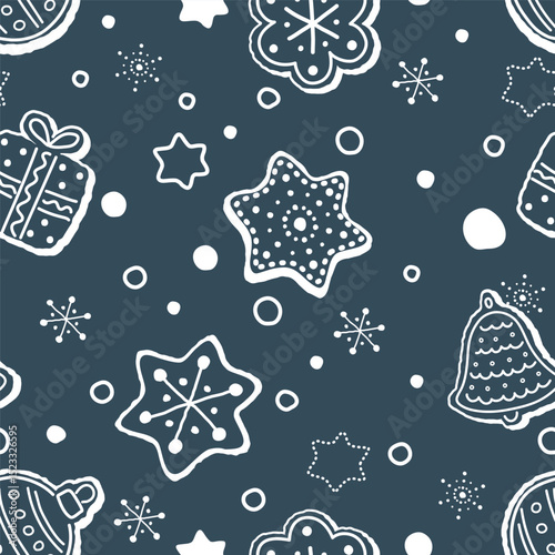 Christmas Pattern. Seamless Print with Christmas Ornaments. Silhouettes. Christmas Balls, Bell, Heart, Star, Gift Box, Flower. Winter Holiday Background. Vector illustration in White, Dark Blue