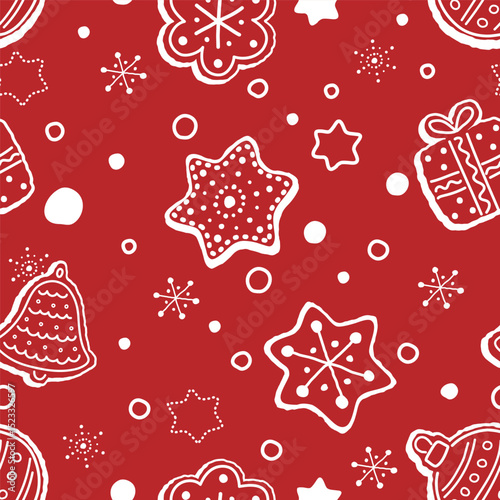Christmas Abstract Pattern. Seamless Print with Christmas Ornaments. Silhouettes. Christmas Balls, Bell, Heart, Star, Gift Box, Flower. Winter Holiday Background. Vector illustration in White, Red
