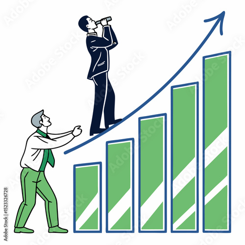Businessmen on rising graph one using binoculars other reaching up