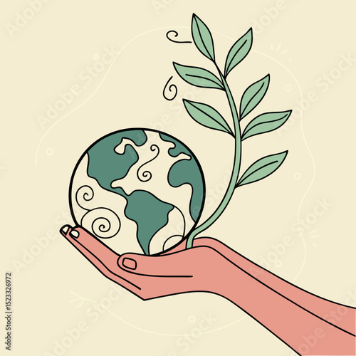 Hand holding Earth with plant growing symbolizing environmental care