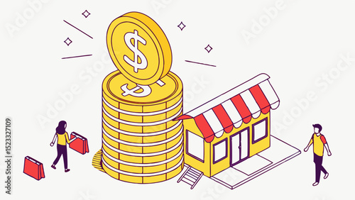 Isometric illustration of a store money stack and shoppers with bags