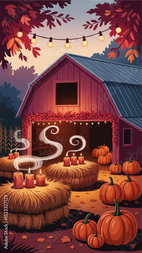 Cozy Autumn Barn Scene with Pumpkins, Hay Bales, Candles, and String Lights – Festive Fall Harvest Illustration