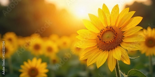 A vibrant sunflower basking in the warm glow of sunshine, petals unfurling towards the golden light Perfect for summer, nature, and happy themes , happy, summer