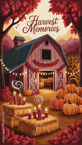 Autumn Harvest Barn Illustration with Pumpkins, Hay Bales, Candles, and Festive String Lights for Fall Memories and Thanksgiving