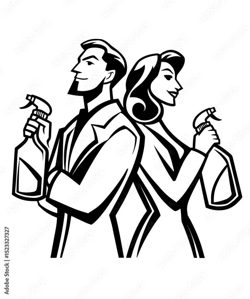 Creative design for modern kitchen cleaning experts showcasing stylish characters prepared for action