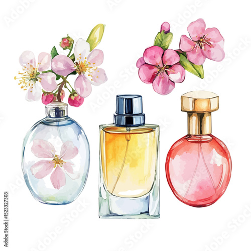 Spring-themed Perfumes, watercolor clipart vector, high quality, isolated on a white background.