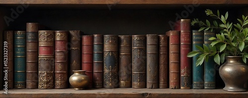 Elegant, antique-inspired ornaments adorn a rustic wooden bookshelf, creating a sophisticated and wise ambiance Perfect for home decor, interior design, and wisdom-themed projects , objects, wisdom