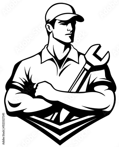Technician logo in black and white showcasing a skilled worker ready for action in a dynamic and professional atmosphere