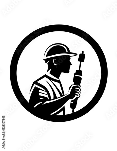Black and white logo design featuring a man holding a tool in a circular emblem for construction projects and trades