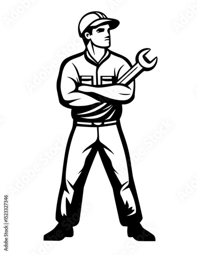 Vector logo outline featuring a confident worker holding a wrench in a bold pose, representing strength and skill in various trades