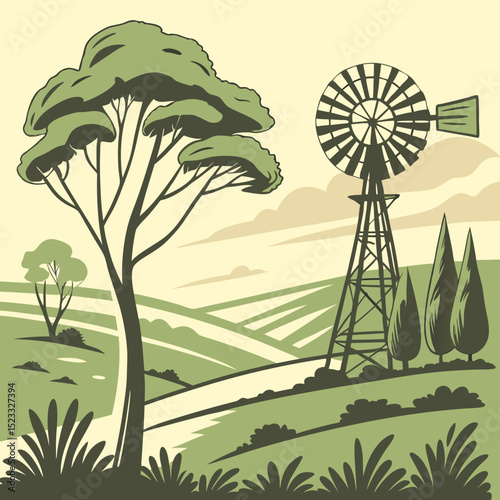 Rural Landscape with Windmill Trees and Fields Illustration