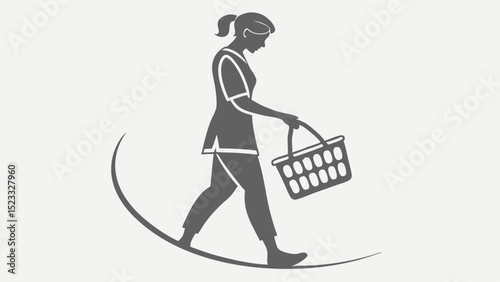 Woman walking on a line carrying a shopping basket illustration