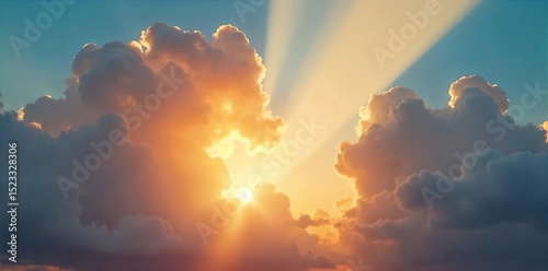Golden sunbeams piercing through gaps in fluffy clouds, creating a dramatic light show in the sky Perfect for nature, weather, and inspirational projects , afternoon, sun, cloud cover