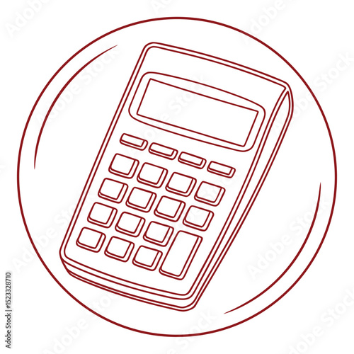 Outline illustration of a calculator within a circular decorative red frame