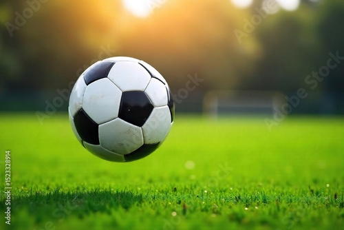 Action shot of a soccer ball in mid-air during a game, grass field background Dynamic, energetic, and captures the thrill of the sport , outdoor, soccer