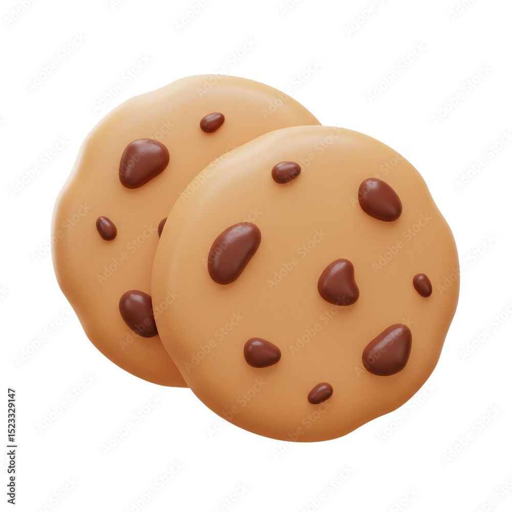 Fototapeta premium Delicious 3D rendered chocolate chip cookies isolated on a white background for food concept