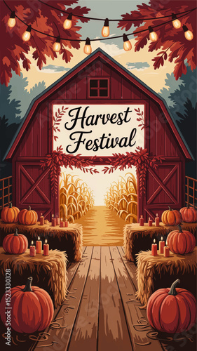 Autumn Harvest Festival Barn Illustration with Pumpkins, Hay Bales, Candles, String Lights and Cornfield at Sunset