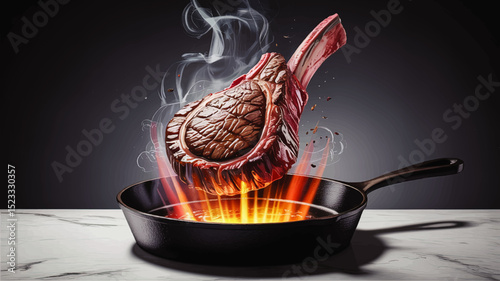 Juicy Tomahawk Steak Above Hot Cast Iron Skillet with Flames and Smoke – High-Impact Gourmet Cooking Concept, Isolated on Dark