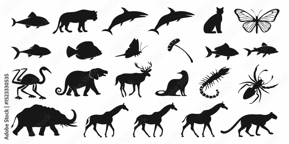 Fototapeta premium Silhouetted Wildlife Symphony: A monochromatic ensemble of diverse wildlife silhouettes, showcasing the beauty and variety of the animal kingdom. An elegant design for the animal collection.