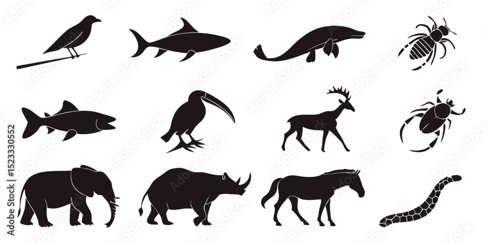 Obraz premium Silhouette menagerie: A collection of animal silhouettes, perfectly embodying the essence of diversity and natural form. From the avian grace of a bird to the aquatic prowess of a shark.