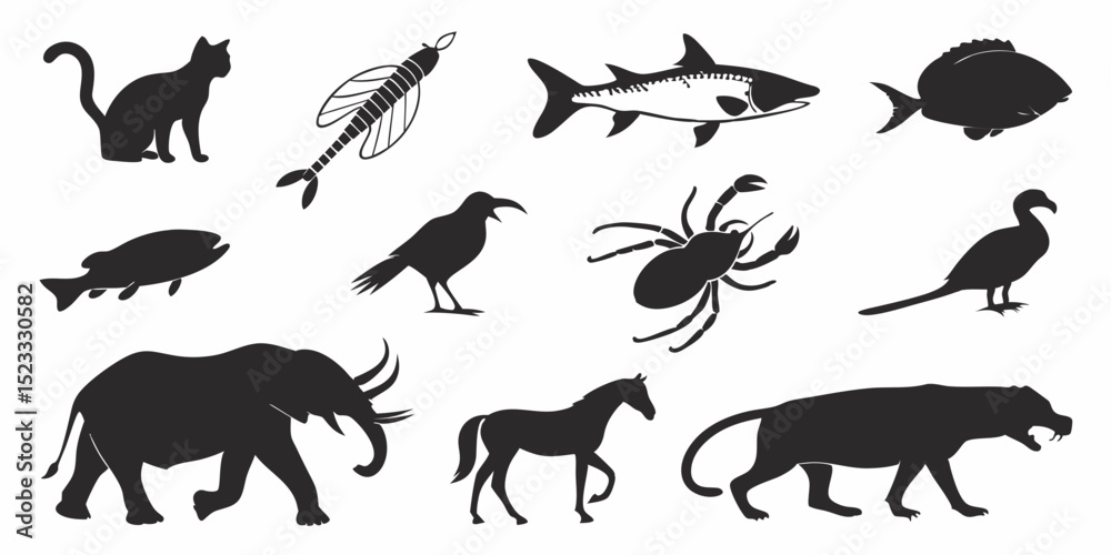 Obraz premium Silhouette of Diverse Animals: An artful collection showcases silhouette forms of a variety of creatures, perfectly illustrating nature's diversity and forms. From a stealthy cat.