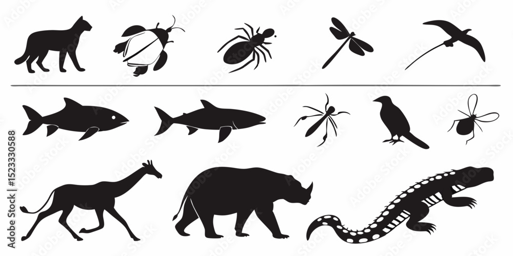 Obraz premium Silhouettes of animal variety: A series of diverse animals represented as elegant silhouettes, from feline creatures to aquatic mammals, creates a strong design composition.