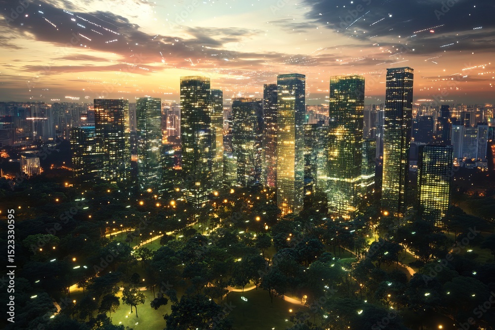 Fototapeta premium City Lights at Dusk: Modern Skyscrapers and Urban Night View