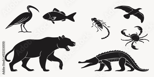 Diverse Wildlife Silhouettes: An artful collection of animal silhouettes presents a stylized panorama of the animal kingdom, showcasing birds, fish, insects, and mammals.