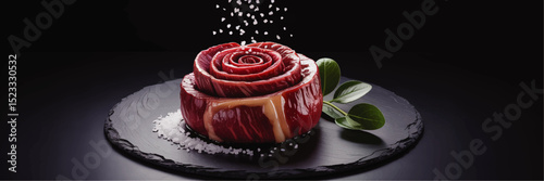 Gourmet Beef Steak Shaped Like Rose with Sea Salt and Green Leaves on Black Stone Plate – Artistic Fine Dining Food Concept