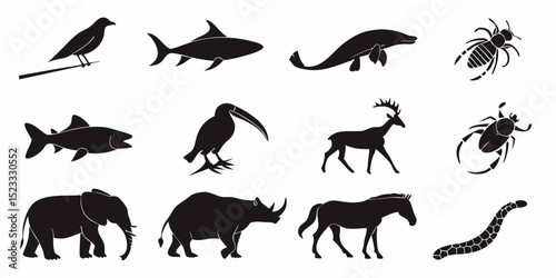 Silhouette menagerie: A collection of animal silhouettes, perfectly embodying the essence of diversity and natural form. From the avian grace of a bird to the aquatic prowess of a shark.